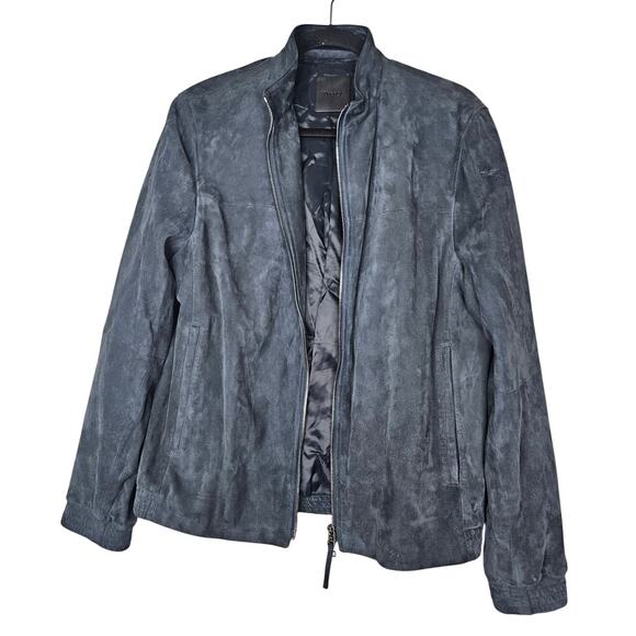 Theory M Navy Blue Suede Leather Bomber Jacket Minimalist Staple Classic Zip - Picture 1 of 4